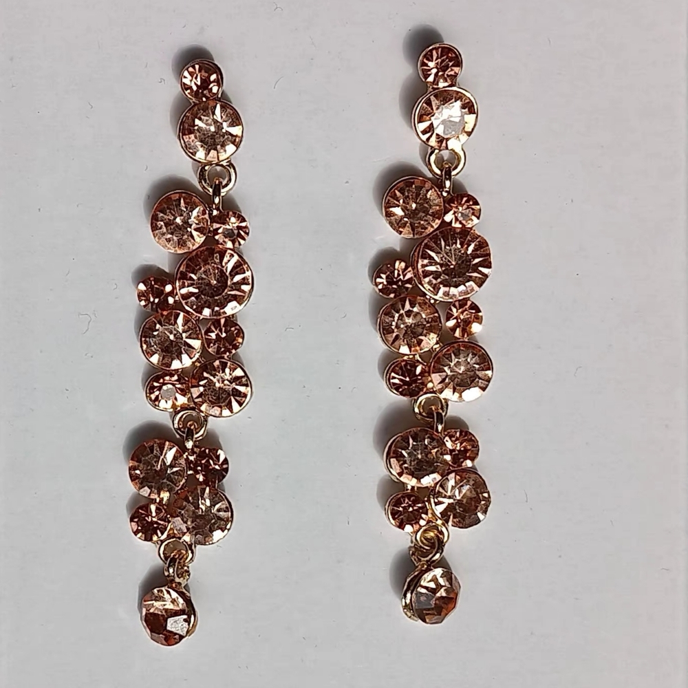 Rose Gold & Pink Faux Diamonds Dangly Earrings, Post Back, 2.5" Length - Picture 4 of 6